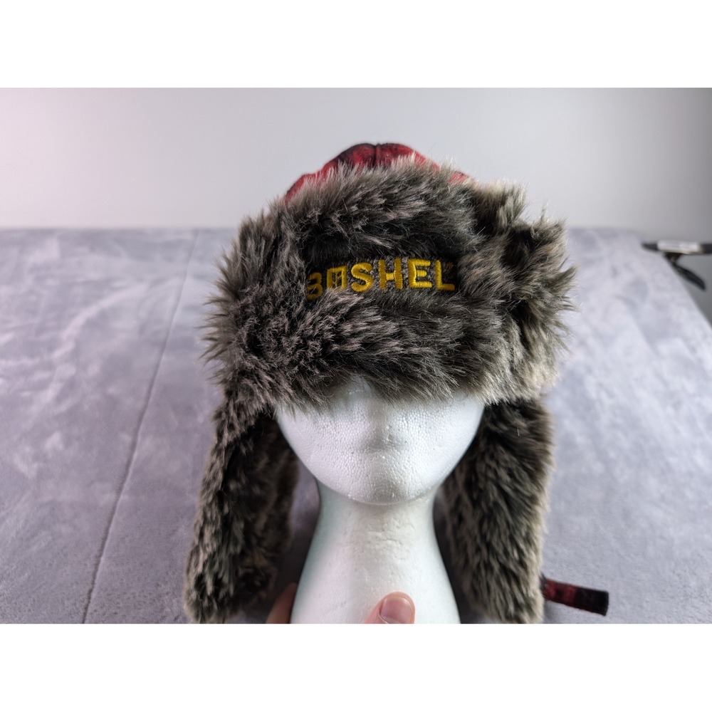 Tough Duck Trapper Hat Red Black Buffalo Plaid Faux Fur Bushel Logo Mens OSFM